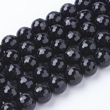 Natural Black Onyx Beads Strands, Faceted Round, Black, 10mm, Hole: 1mm, 39pcs/strand, 15.3 inch