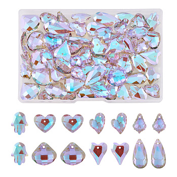 70Pcs 7 Style Electroplate Faceted Glass Pendants, Teardrop & Heart & Fan, Lilac, 15~24x12~19.5x5~7.5mm, Hole: 1.2~1.6mm, 10pcs/style