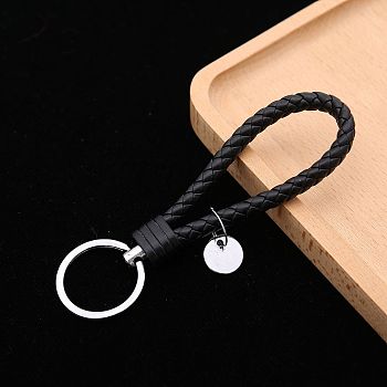 PU Leather Knitting Keychains, Wristlet Keychains, with Platinum Tone Plated Alloy Key Rings, Black, 12.5x3.2cm