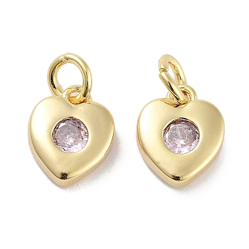 Brass Micro Pave Cubic Zirconia Charms, with Jump Ring, Heart, Real 18K Gold Plated, Pink, 8x6.5x2.5mm, Hole: 2.5mm