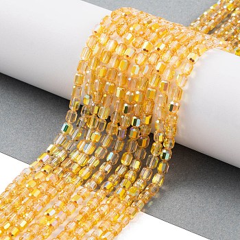 Electroplate Glass Beads Strands, Faceted, AB Color, Column, Yellow, 4x5~6mm, Hole: 1mm, about 80pcs/strand, 18.11''(46cm)