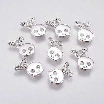 Brass Micro Pave Cubic Zirconia Charms, Skull, Real Platinum Plated, 13x12x1.5mm, Hole: 1mm