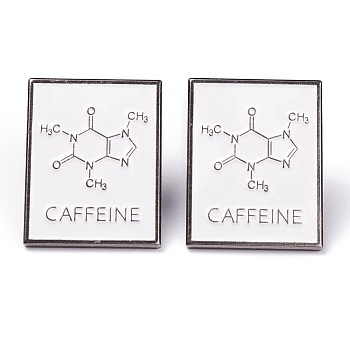 Alloy Enamel Brooches, Enamel Pin, for Teachers Students, with Plastic Clutches, Rectangle with Chemical Equation, Platinum, White, Caffeine Molecular Structural Formula, 27x20.5x11.5mm