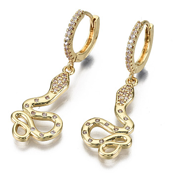 Brass Micro Pave Clear Cubic Zirconia Dangle Huggie Hoop Earrings, Nickel Free, Snake, Real 16K Gold Plated, 37mm, Pin: 1mm