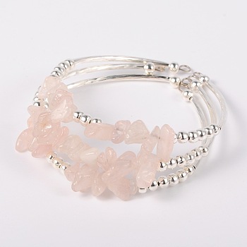 Gemstone Chip Bead Cuff Bracelets, with Brass Tube Beads and Iron Round Beads, Silver Color Plated, Rose Quartz, 50x55mm