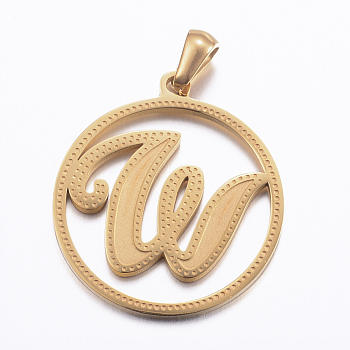 Ion Plating(IP) 304 Stainless Steel Pendants, Flat Round with Letter, Golden, Letter.W, 28x25x1.2mm, Hole: 6x3.5mm