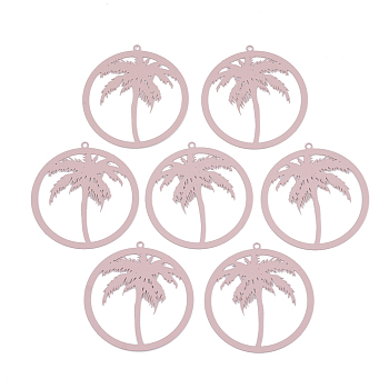 430 Stainless Steel Filigree Pendants, Spray Painted, Etched Metal Embellishments, Ring with Coconut Tree, Pink, 37x35x0.5mm, Hole: 1.4mm