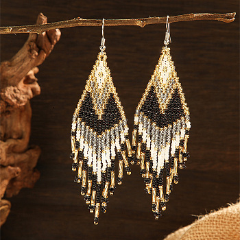 Fashionable Tassel Dangle Earrings, with Geometric Glass Beads, Perfect for Daily Wear, Platinum, Black, 110~115x28~30mm