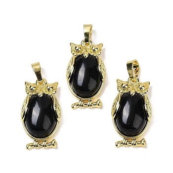 Natural Obsidian Pendant, with Brass Findings,  Lead Free & Cadmium Free, Long-Lasting Plated, Owl, 28.5x15.5x7mm, Hole: 5x8mm