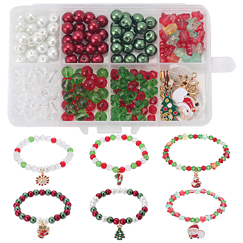 DIY Christmas Bracelet Making Kit, Including Glass Star & Bicone Beads,  Snowflake & Bell & Tree & Candy Cane Alloy Enamel Pendants, Mixed Color, 208Pcs/box