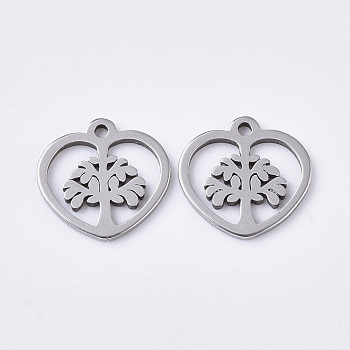 201 Stainless Steel Charms, Heart with Tree of Life, Stainless Steel Color, 10x10x1mm, Hole: 1mm