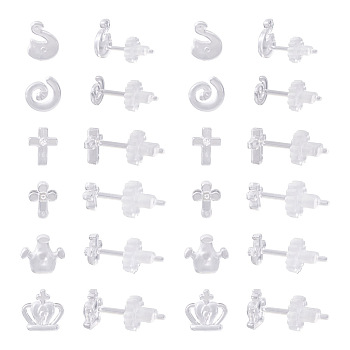 60 Sets 6 Style Crown & Cross & Swan & Vortex Transparent Resin Stud Earrings for Women, Clear, 11.5~12.5mm, Pin: 0.8mm, 10 Sets/style
