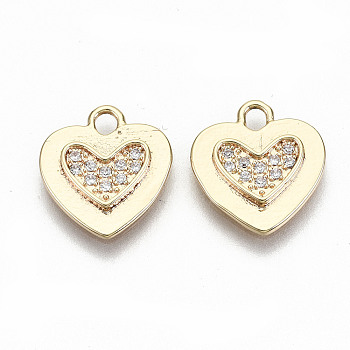 Brass Micro Pave Clear Cubic Zirconia Charms, Nickel Free, Heart, Real 18K Gold Plated, 12.5x11.5x2mm, Hole: 1.8mm