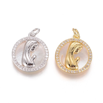 Brass Pendants, with Micro Pave Cubic Zirconia, Shell and Jump Rings, Flat Round with Virgin Mary, Clear, Mixed Color, 17.5x15.5x2.5mm, Hole: 3.5mm