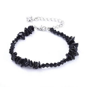 Beaded Bracelets, with Natural Black Obsidian Chips, Faceted Glass Beads and Starfish Shape Tibetan Style Alloy Charms, 7-1/4 inch(18.3cm)