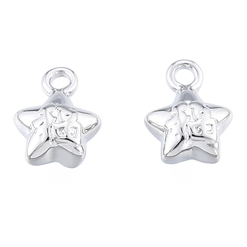 Brass Charms, Cadmium Free & Nickel Free & Lead Free, Star with Lucky Character, Platinum, 9x7x4mm, Hole: 1.2mm