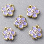 Alloy Pendants, Double-sided Enamel, Plum Blossom Flower Charm, Lilac, 12x10.5x3mm, Hole: 1.5mm(PALLOY-TAC0020-43G-05)