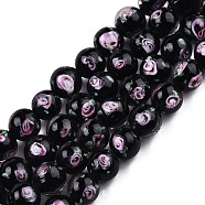 Handmade Lampwork Beads Strands, Round with Flower, Black, 9.5mm, Hole: 1.5mm, about 50pcs/strand, 18.90 inch(48cm)(LAMP-N021-45A)