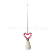 Cotton Tassel Pendant Decorations, Braided Heart Hanging Ornament, Hot Pink, 33.5~36x6.5~7.8cm(HEAR-PW0001-139C)