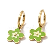 Enamel Sakura Flower Dangle Hoop Earrings, Golden 304 Stainless Steel Jewelry for Women, Olive Drab, 21.5mm, Pin: 1mm(STAS-H175-21G-B)