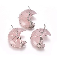 Natural Rose Quartz Tree of Life Wire Wrapped Pendants, with Brass Findings, Crescent Moon, Platinum, 44~46x26~32x12.5mm, Hole: 6.5x4.5mm(G-L520-E01-P)