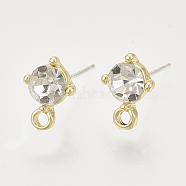 Alloy Stud Earring Findings, with Glass Rhinestones, Loop and Raw(Unplated) Pin, Golden, Crystal, 11.5x8.5mm, Hole: 1.8mm, Pin: 0.7mm(PALLOY-N0149-21F)