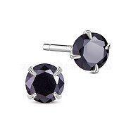SHEGRACE Rhodium Plated 925 Sterling Silver Four Pronged Ear Studs, with AAA Cubic Zirconia and Ear Nuts, Black, 4mm(JE420F-01)