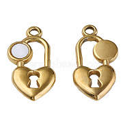 304 Stainless Steel Charms, with White Shell, Heart-Shaped Lock, Golden, 20x11x2.5mm, Hole: 1.6mm(STAS-N087-53-05G)