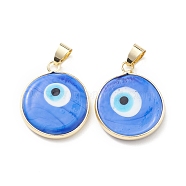 Handmade Evil Eye Lampwork Pendants, with Rack Plating Light Gold Tone Brass Findings, Long-Lasting Plated, Lead Free & Cadmium Free, Flat Round, Royal Blue, 24~25.5x20.5~21x4~4.5mm, Hole: 6x4~4.5mm(LAMP-F031-02G-06)