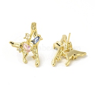 Colorful Cubic Zirconia Butterfly Stud Earrings, Brass Jewelry for Women, Cadmium Free & Nickel Free & Lead Free, Real 18K Gold Plated, 23x19mm, Pin: 0.8mm(EJEW-H092-04G)