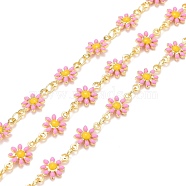 Brass Daisy Flower & Oval Link Chains, with Enamel & Spool, Soldered, Real 18K Gold Plated, Hot Pink, Links: 13x7.5x2mm, 4x3x0.6mm(CHC-I035-13G-10)