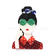Fashion Girl with Glasses Acrylic Badge, Human Lapel Pin for Backpack Clothes, Colorful, 64.5x45x9mm(JEWB-C013-01)