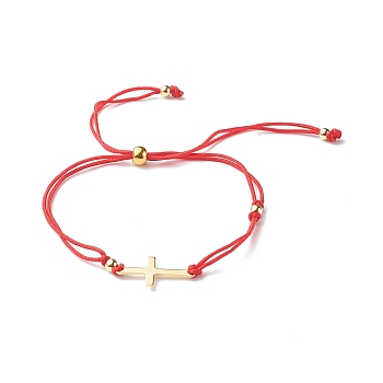 Adjustable Nylon Thread Slider Bracelets, with 304 Stainless Steel Cross Links and Brass Beads, Red, 0.2cm, Inner Diameter: 1~3-3/4 inch(2.4~9.5cm)