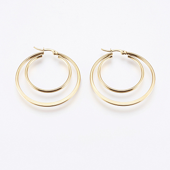 201 Stainless Steel Hoop Earrings, with 304 Stainless Steel Pin, Double Ring, 12 Gauge, Golden, 45x44x2mm, Pin: 0.7x1mm