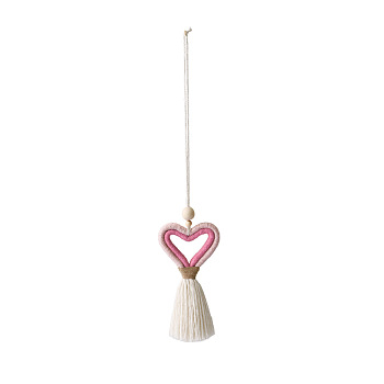 Cotton Tassel Pendant Decorations, Braided Heart Hanging Ornament, Hot Pink, 33.5~36x6.5~7.8cm