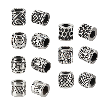 DICOSMETIC 14Pcs 7 Style 304 Stainless Steel European Beads, Large Hole Beads, Column, Antique Silver, 2pcs/style