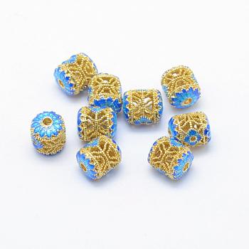 Electroplate Brass Enamel Beads, Cadmium Free & Lead Free, Barrel, Golden, Deep Sky Blue, 9x8mm, Hole: 2mm