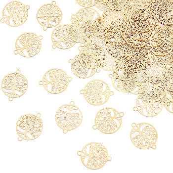 60Pcs Rack Plating 201 Stainless Steel Connector Charms, Etched Metal Embellishments, Flat Round with Tree of Life, Real 18K Gold Plated, 18x14x0.4mm, Hole: 1.5mm