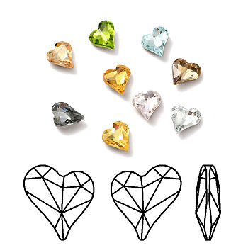 Faceted K9 Glass Rhinestone Cabochons, Pointed Back & Back Plated, Heart, Mixed Color, 8x8x3.5mm