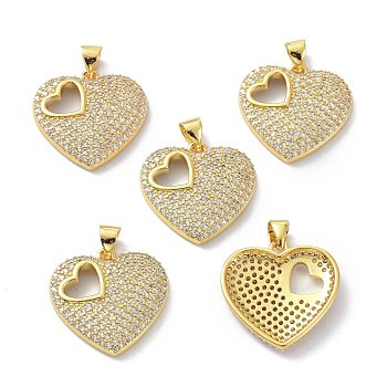 Brass Cubic Zirconia Pendants, Long-Lasting Plated, Lead Free & Cadmium Free, Real 18K Gold Plated, Heart, Clear, 20.5x21x3.5mm, Hole: 3.5x4mm
