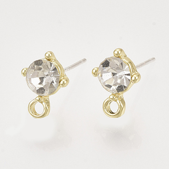 Alloy Stud Earring Findings, with Glass Rhinestones, Loop and Raw(Unplated) Pin, Golden, Crystal, 11.5x8.5mm, Hole: 1.8mm, Pin: 0.7mm