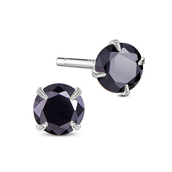 SHEGRACE Rhodium Plated 925 Sterling Silver Four Pronged Ear Studs, with AAA Cubic Zirconia and Ear Nuts, Black, 4mm