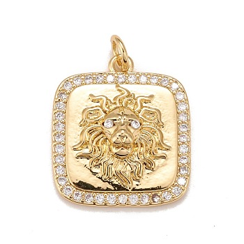 Brass Micro Pave Cubic Zirconia Pendants, Real 18K Gold Plated, Lead Free & Cadmium Free, Square with Lion, Clear, 21x18x5mm, Hole: 3mm