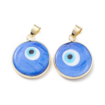 Handmade Evil Eye Lampwork Pendants, with Rack Plating Light Gold Tone Brass Findings, Long-Lasting Plated, Lead Free & Cadmium Free, Flat Round, Royal Blue, 24~25.5x20.5~21x4~4.5mm, Hole: 6x4~4.5mm