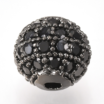 Brass Micro Pave Cubic Zirconia Beads, Round, Black, Gunmetal, 8mm, Hole: 1.5mm
