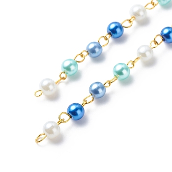 Handmade Glass Pearl Beaded Chains, with Brass Eye Pins, Unwelded, Blue, 13x6mm, about 3.28 Feet(1m)/Strand