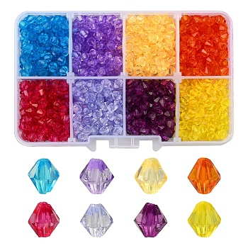 1160Pcs 8 Colors Transparent Acrylic Beads, Faceted, Bicone, Mixed Color, 5x4.5mm, Hole: 1.2mm, 6g, about 145pcs/color