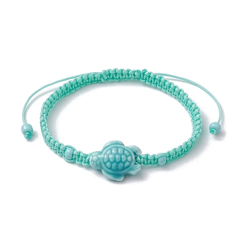 Porcelain Tortoise Braided Bead Bracelets, Nylon Adjustable Bracelet, Dark Turquoise, Inner Diameter: 2~2-7/8 inch(5~7.3cm)