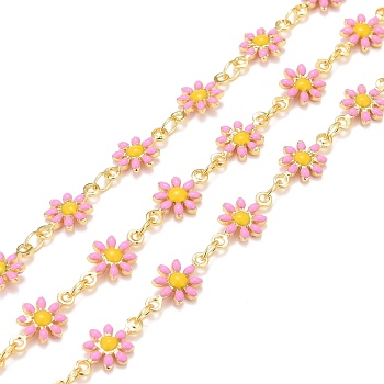 Brass Daisy Flower & Oval Link Chains, with Enamel & Spool, Soldered, Real 18K Gold Plated, Hot Pink, Links: 13x7.5x2mm, 4x3x0.6mm