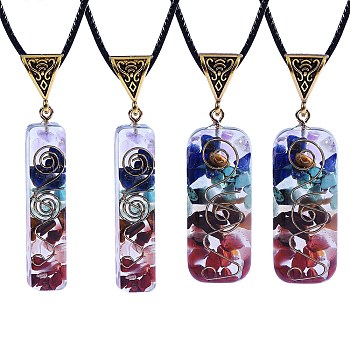 4Pcs 2 Styles Chakra Jewelry, Resin Orgonite Necklaces, with Waxed Cord, Natural Gemstone Inside and Velvet Bag, Rectangle, Antique Golden, 2pcs/style